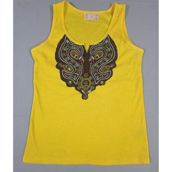 Yellow Vintage 90s Tank Top Women Medium Cotton Embroidered Malaysia Boho Retro - Picture 1 of 8